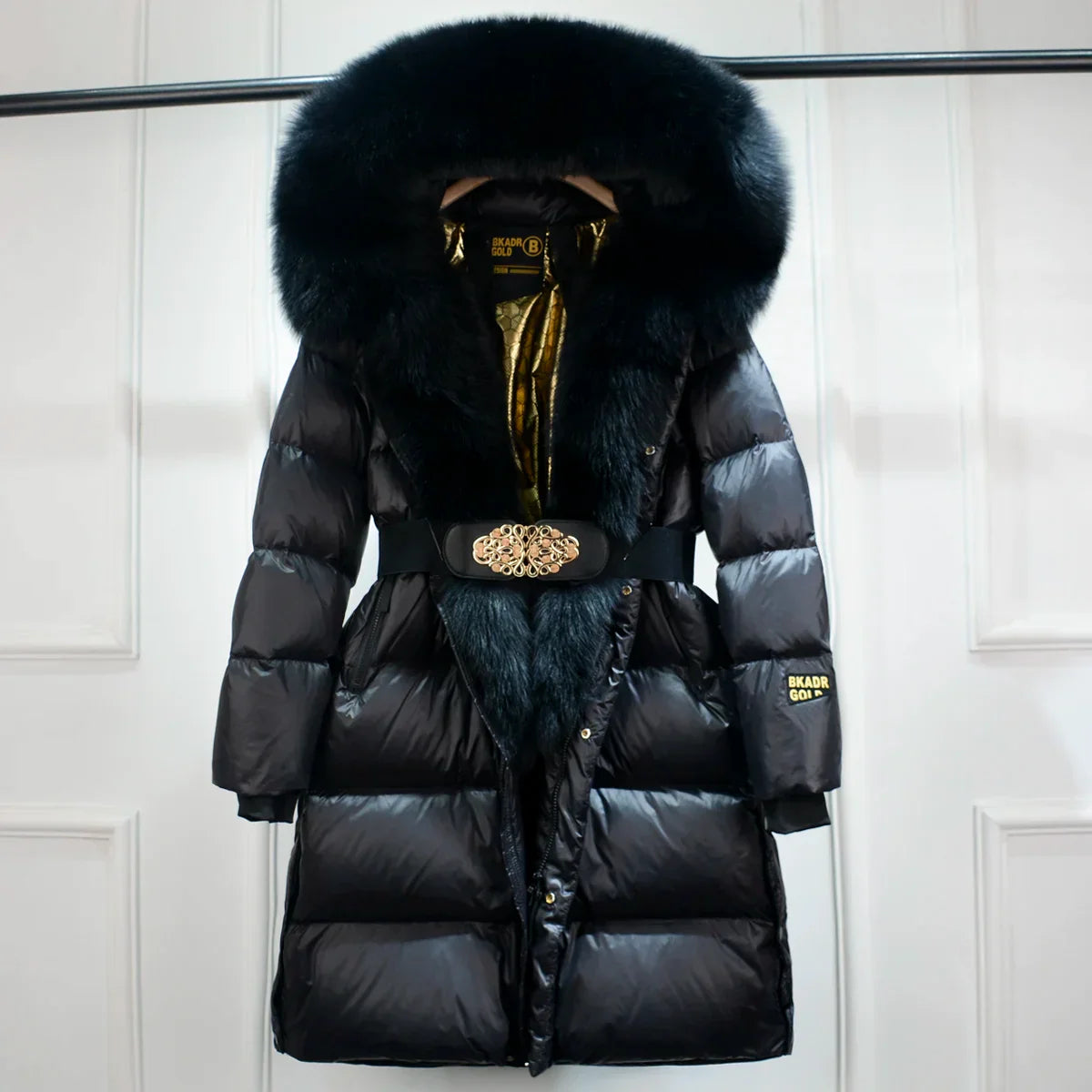 SUENTA Damen Puffer-Mantel mit Gürtel Kunstpelzkragen Winter Schwarz