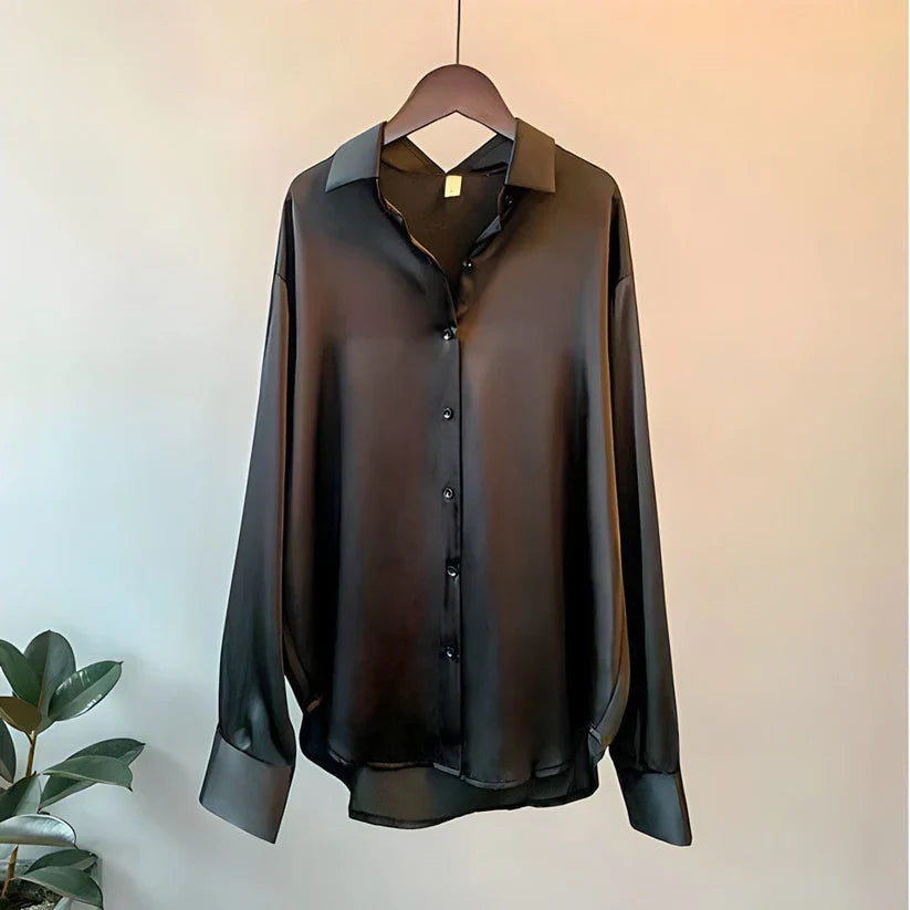 SUENTA Damen Seidenbluse Glatten Textur Fließenden Form Eleganz Leicht Vielseitig Schwarz