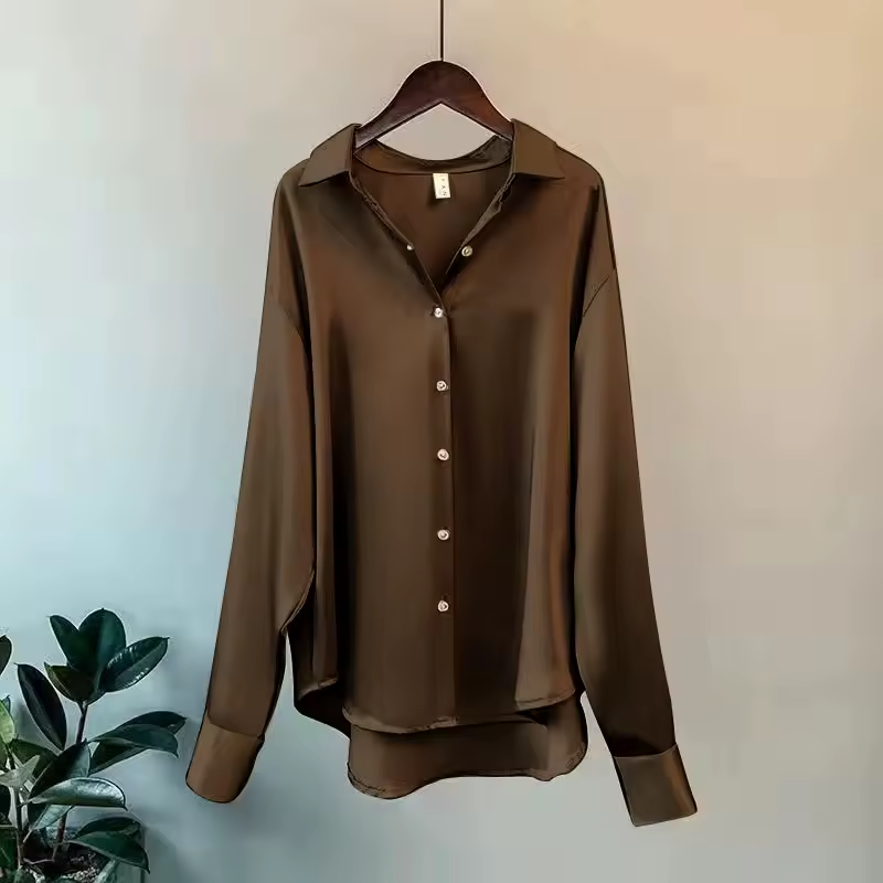 SUENTA Damen Seidenbluse Glatten Textur Fließenden Form Eleganz Leicht Vielseitig Braun