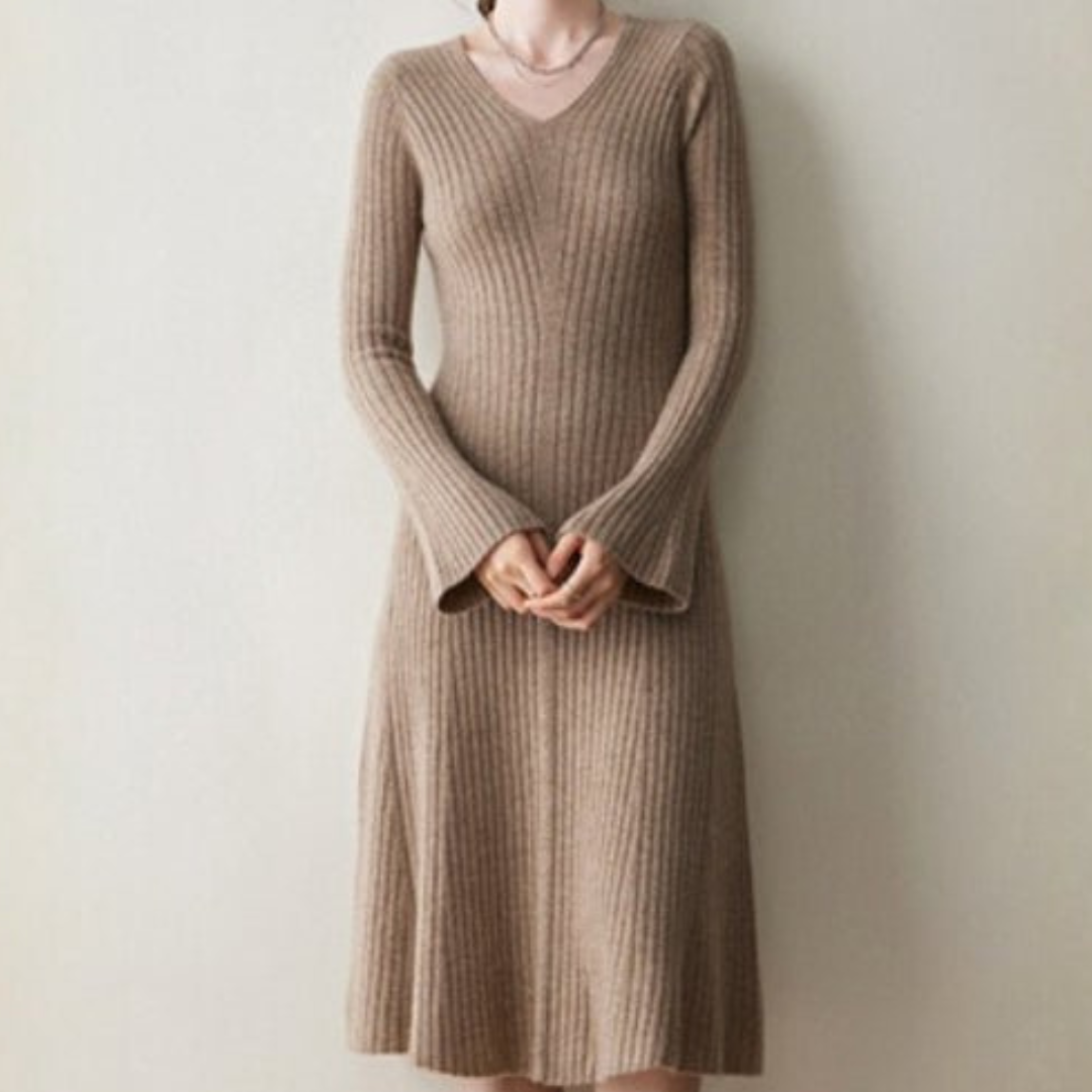 SUENTA A-Linien-Kleid Geripptes Kleid V-Ausschnitt langen Ärmeln Khaki