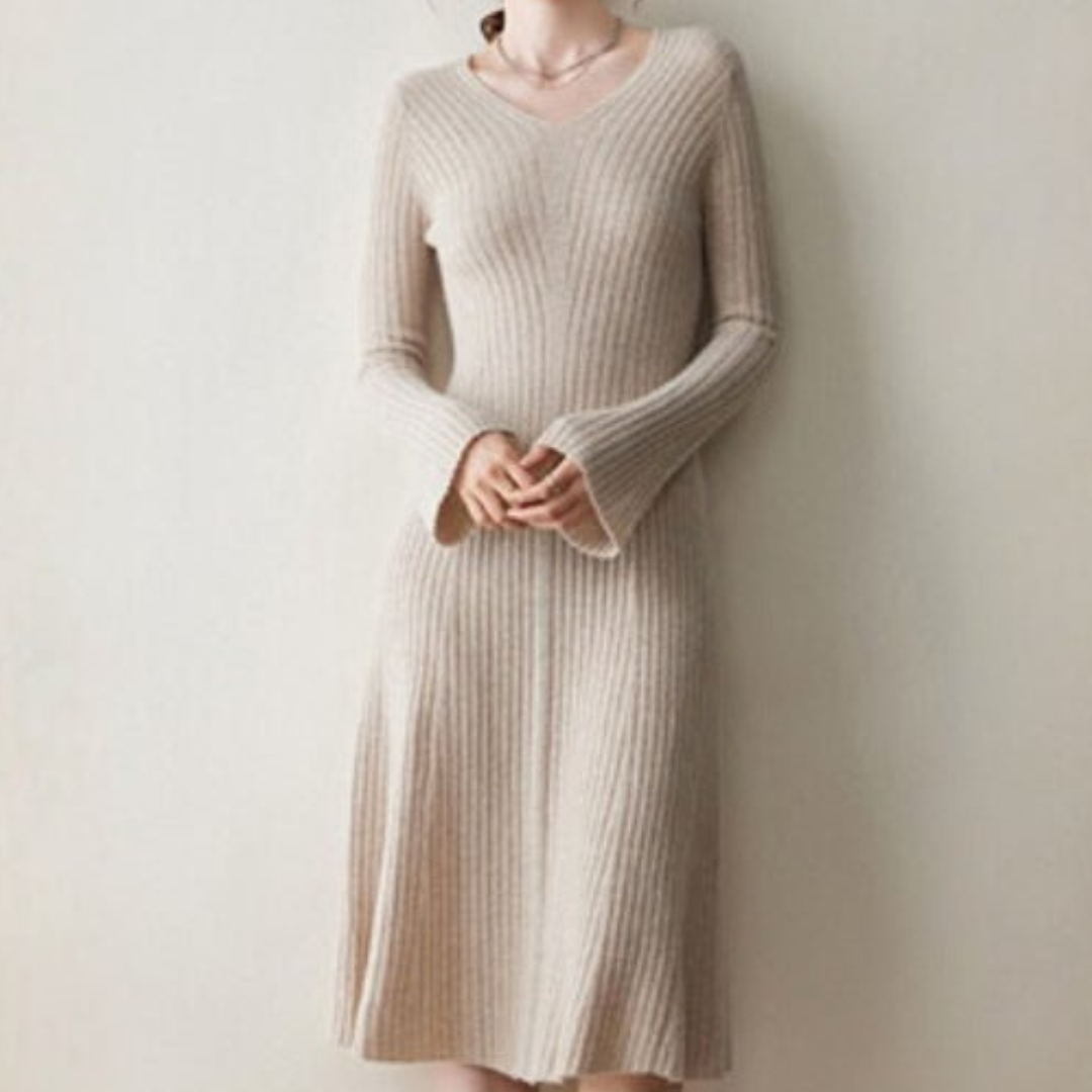 SUENTA A-Linien-Kleid Geripptes Kleid V-Ausschnitt langen Ärmeln Beige