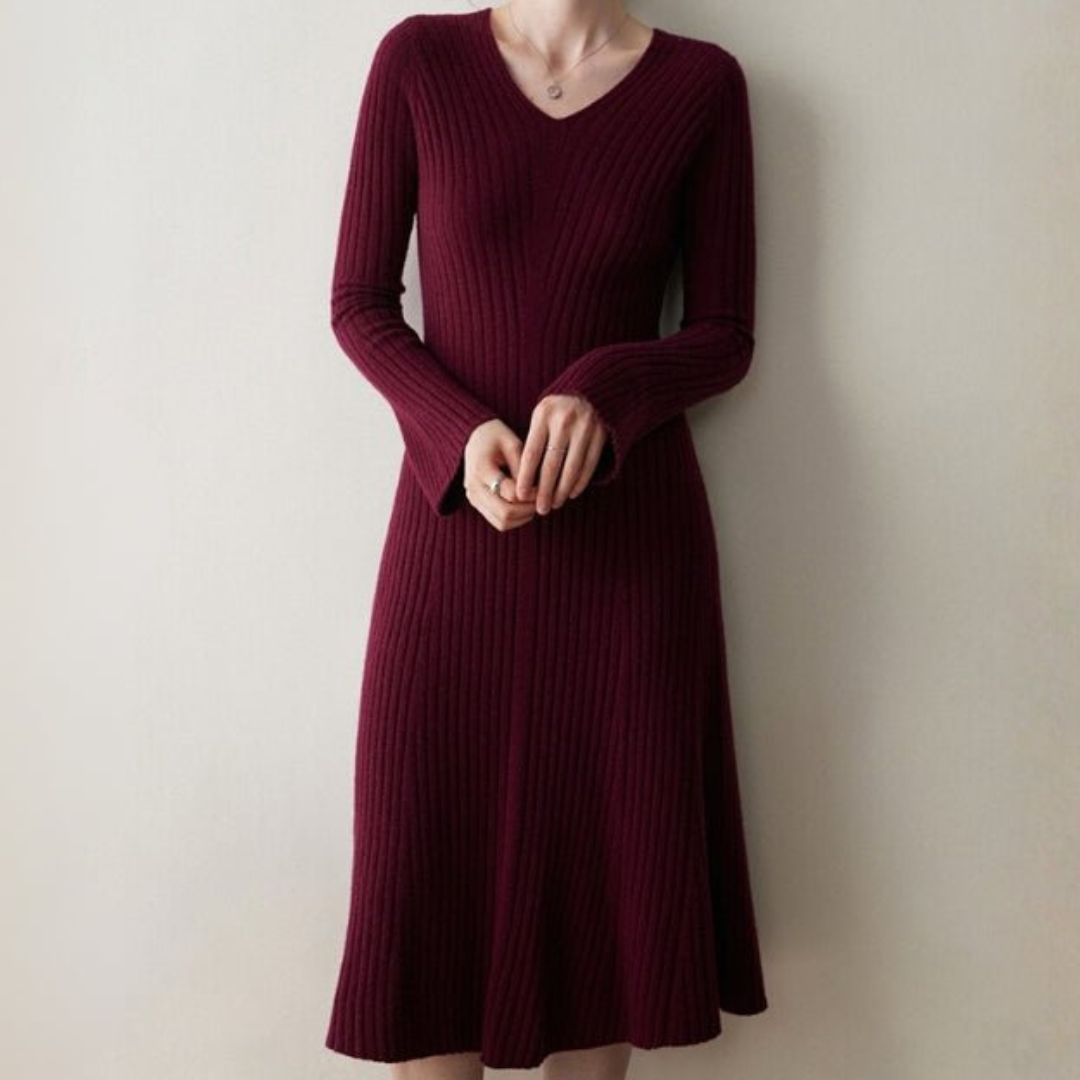 SUENTA A-Linien-Kleid Geripptes Kleid V-Ausschnitt langen Ärmeln Weinrot