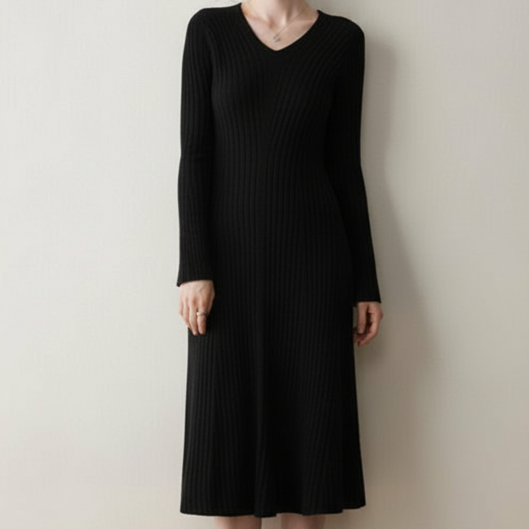 SUENTA A-Linien-Kleid Geripptes Kleid V-Ausschnitt langen Ärmeln Schwarz