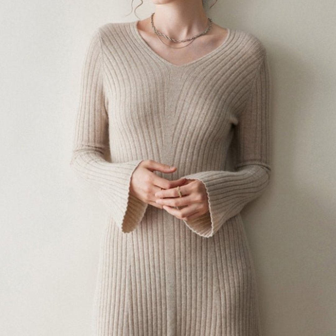 SUENTA A-Linien-Kleid Geripptes Kleid V-Ausschnitt langen Ärmeln