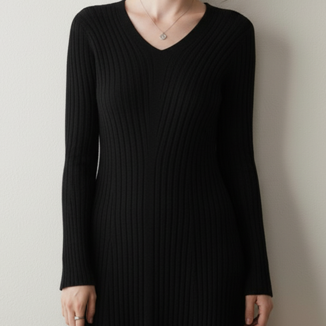 SUENTA A-Linien-Kleid Geripptes Kleid V-Ausschnitt langen Ärmeln