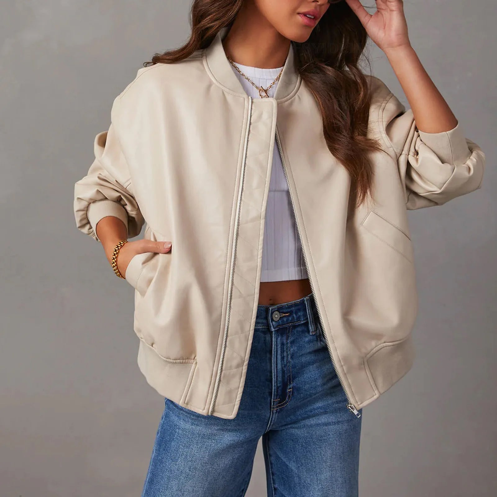 SUENTA Damen Übergroß Bomberjacke Weiter Schnitt Moderne Silhouette Beige