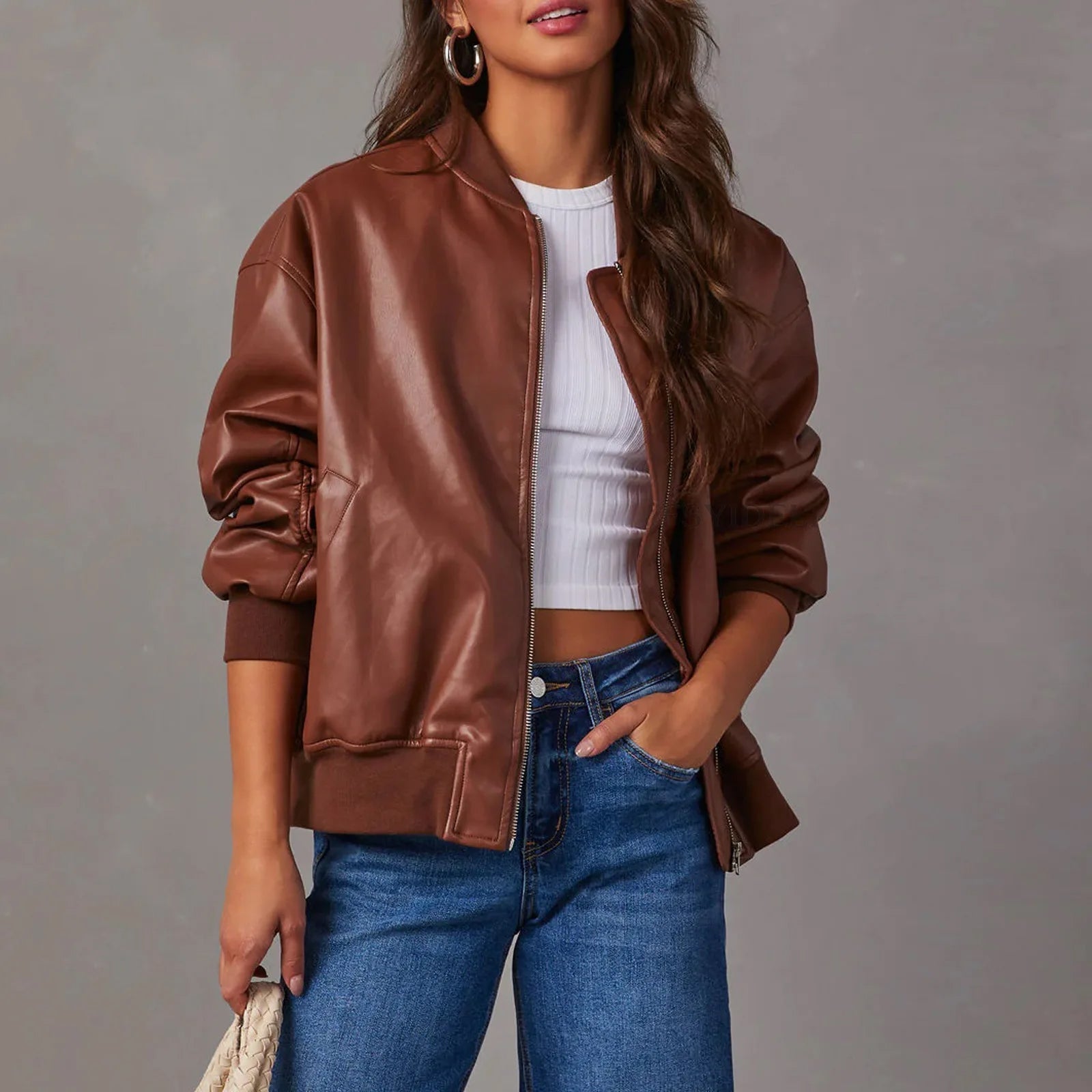 SUENTA Damen Übergroß Bomberjacke Weiter Schnitt Moderne Silhouette Braun
