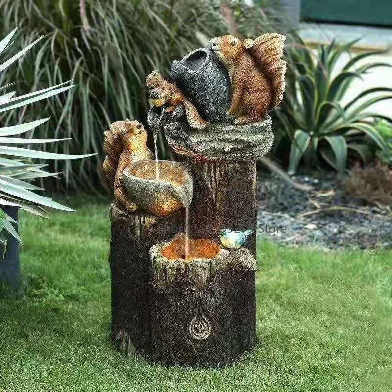 SUENTA Solar Deko Brunnen Ente Und Eichhörnchen Terrasse LED Licht