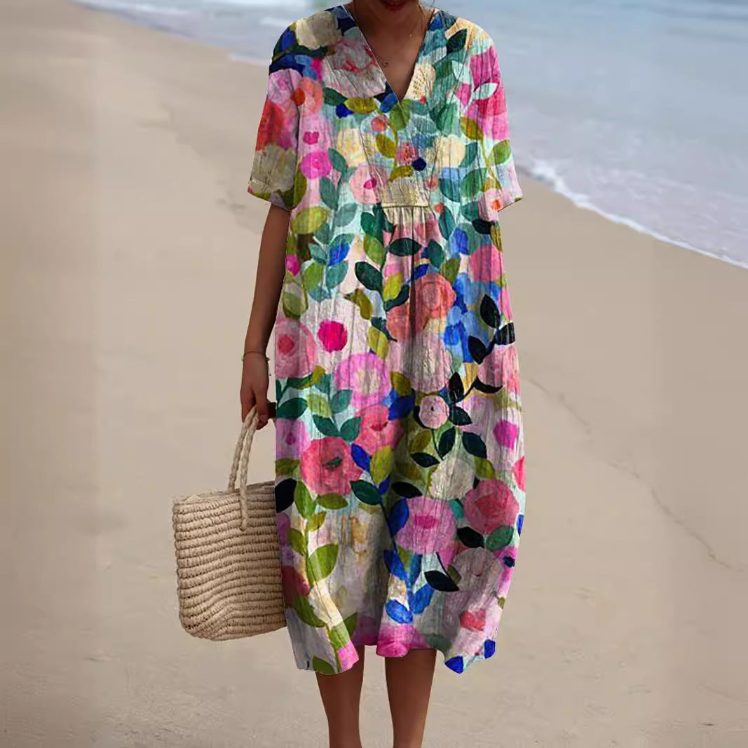 SUENTA Flōre | Sommerkleid Kurzarm mit Blumenprint – Luxus Maxikleid Elegant & Florales Strandkleid Blumen