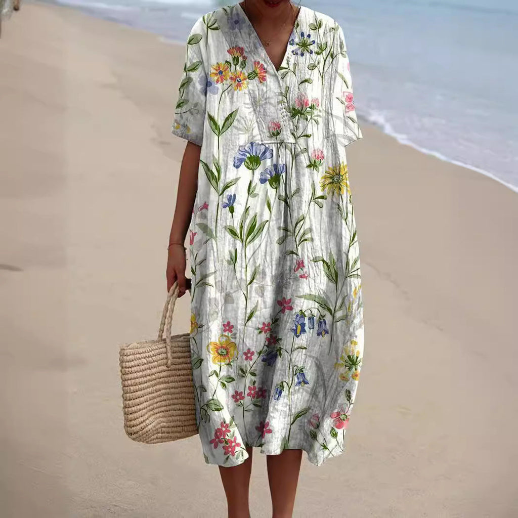 SUENTA Flōre | Sommerkleid Kurzarm mit Blumenprint – Luxus Maxikleid Elegant & Florales Strandkleid Weiß