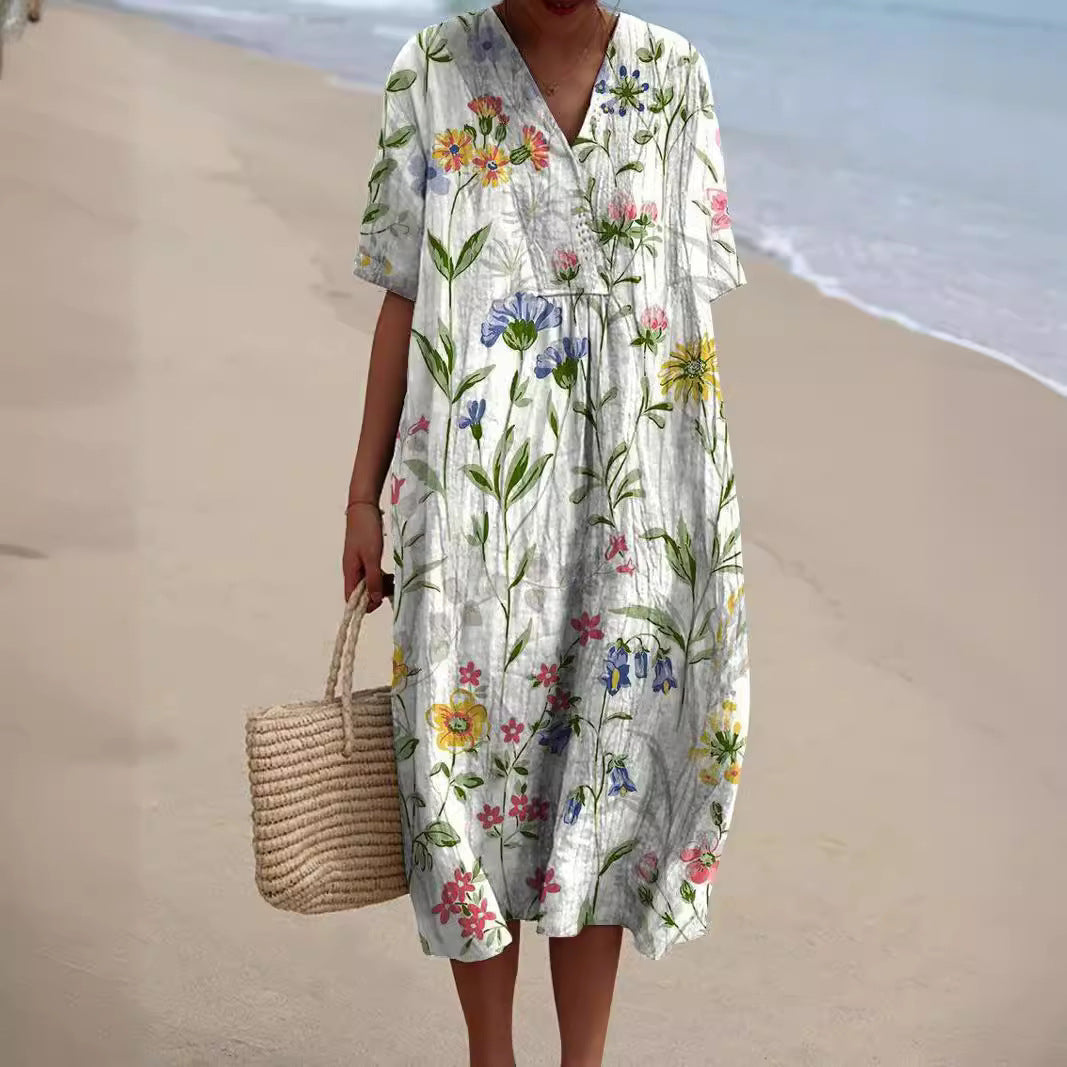 SUENTA Flōre | Sommerkleid Kurzarm mit Blumenprint – Luxus Maxikleid Elegant & Florales Strandkleid Weiß