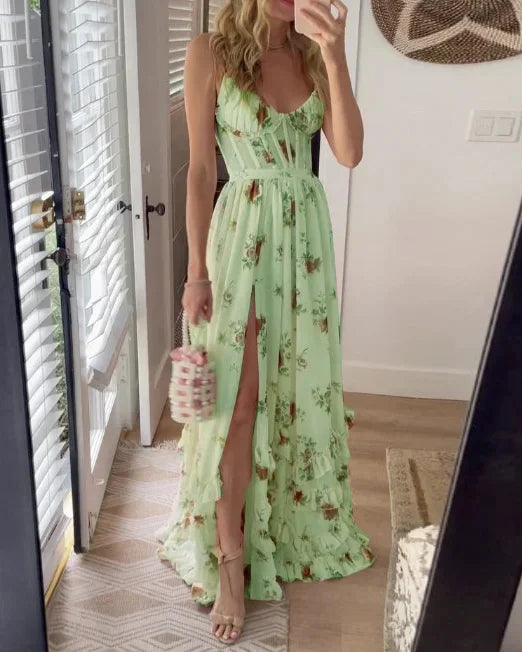SUENTA Damen Maxi-Sommerkleid – Floraler Blumendruck & Luftige Weiblichkeit Grün