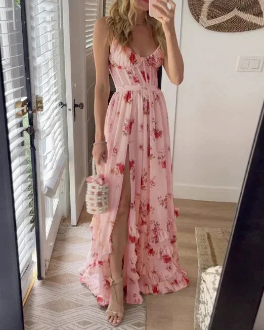SUENTA Damen Maxi-Sommerkleid – Floraler Blumendruck & Luftige Weiblichkeit Rosa