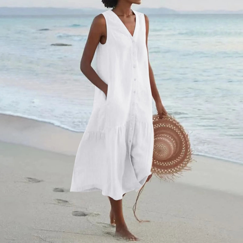 SUENTA Damen Midi-Sommerkleid – Knopfleiste & Kühlender Strand-Stil Weiß