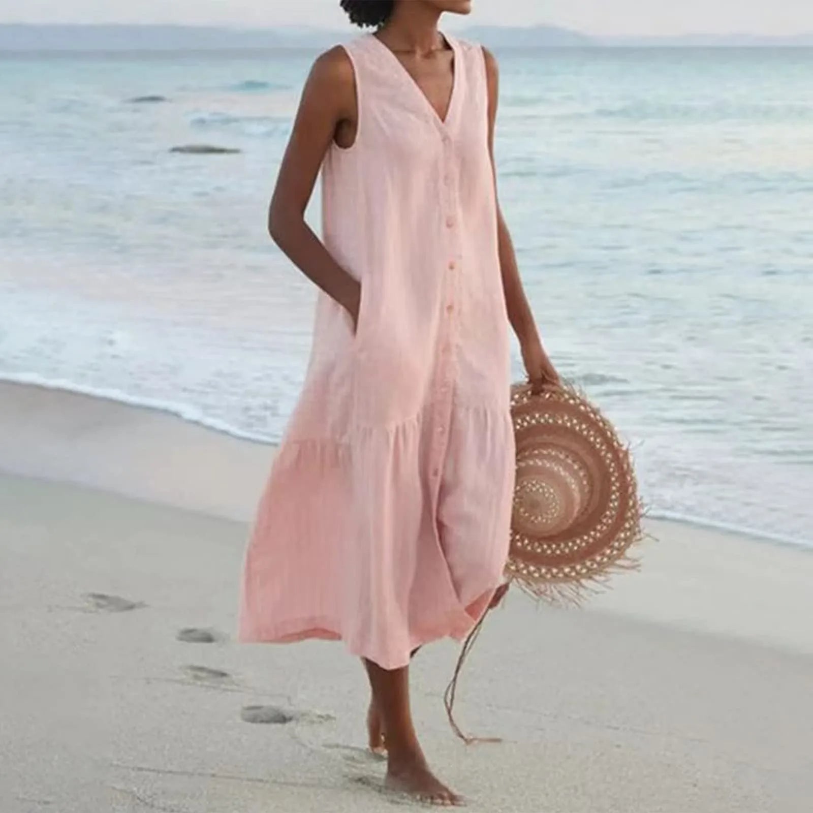 SUENTA Damen Midi-Sommerkleid – Knopfleiste & Kühlender Strand-Stil Rosa