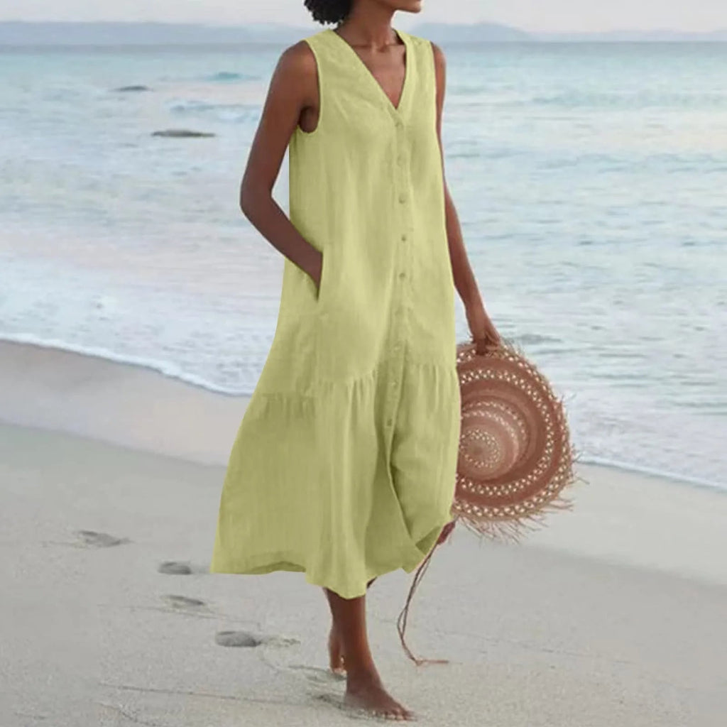SUENTA Damen Midi-Sommerkleid – Knopfleiste & Kühlender Strand-Stil Grün