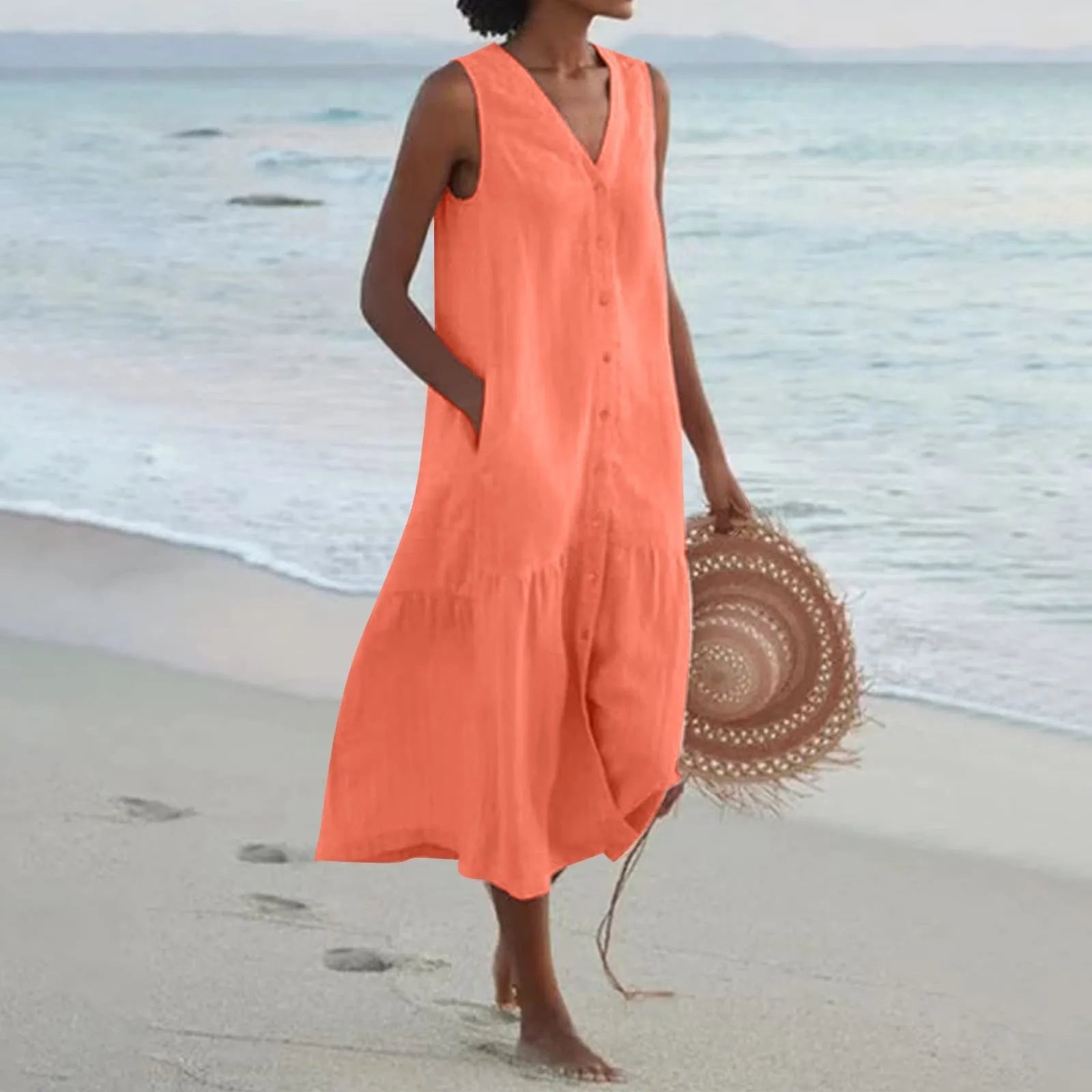 SUENTA Damen Midi-Sommerkleid – Knopfleiste & Kühlender Strand-Stil Orange