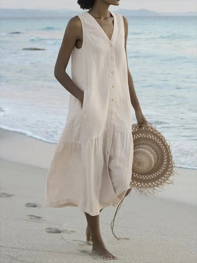 SUENTA Damen Midi-Sommerkleid – Knopfleiste & Kühlender Strand-Stil Braun