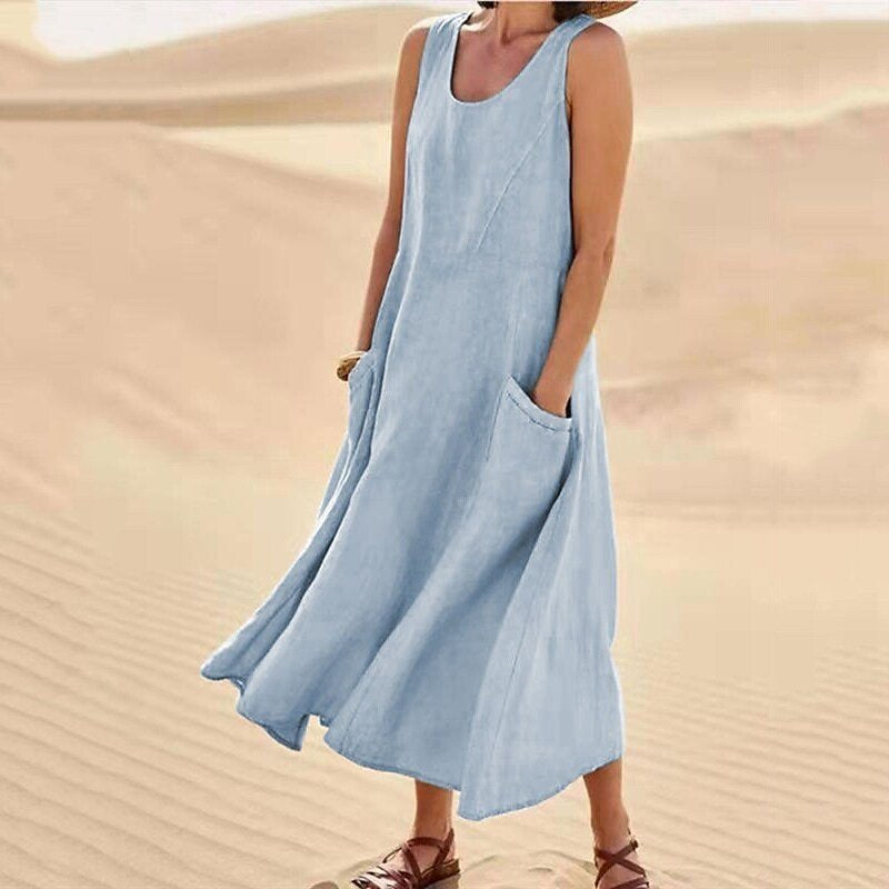 SUENTA Damen Midi-Sommerkleid – Rundhalsausschnitt & Vielseitiger Stil Hellblau