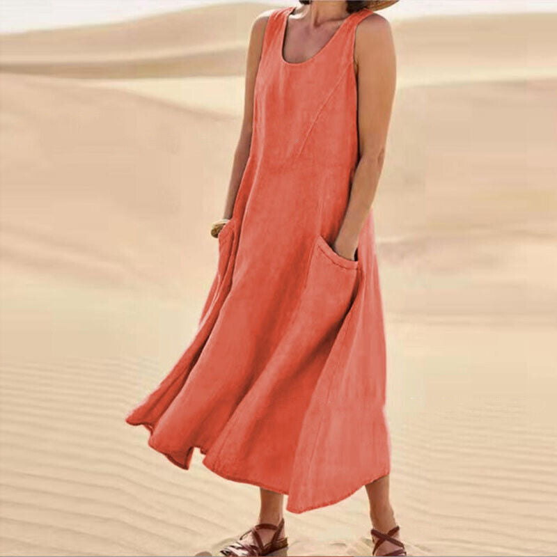 SUENTA Damen Midi-Sommerkleid – Rundhalsausschnitt & Vielseitiger Stil Orange