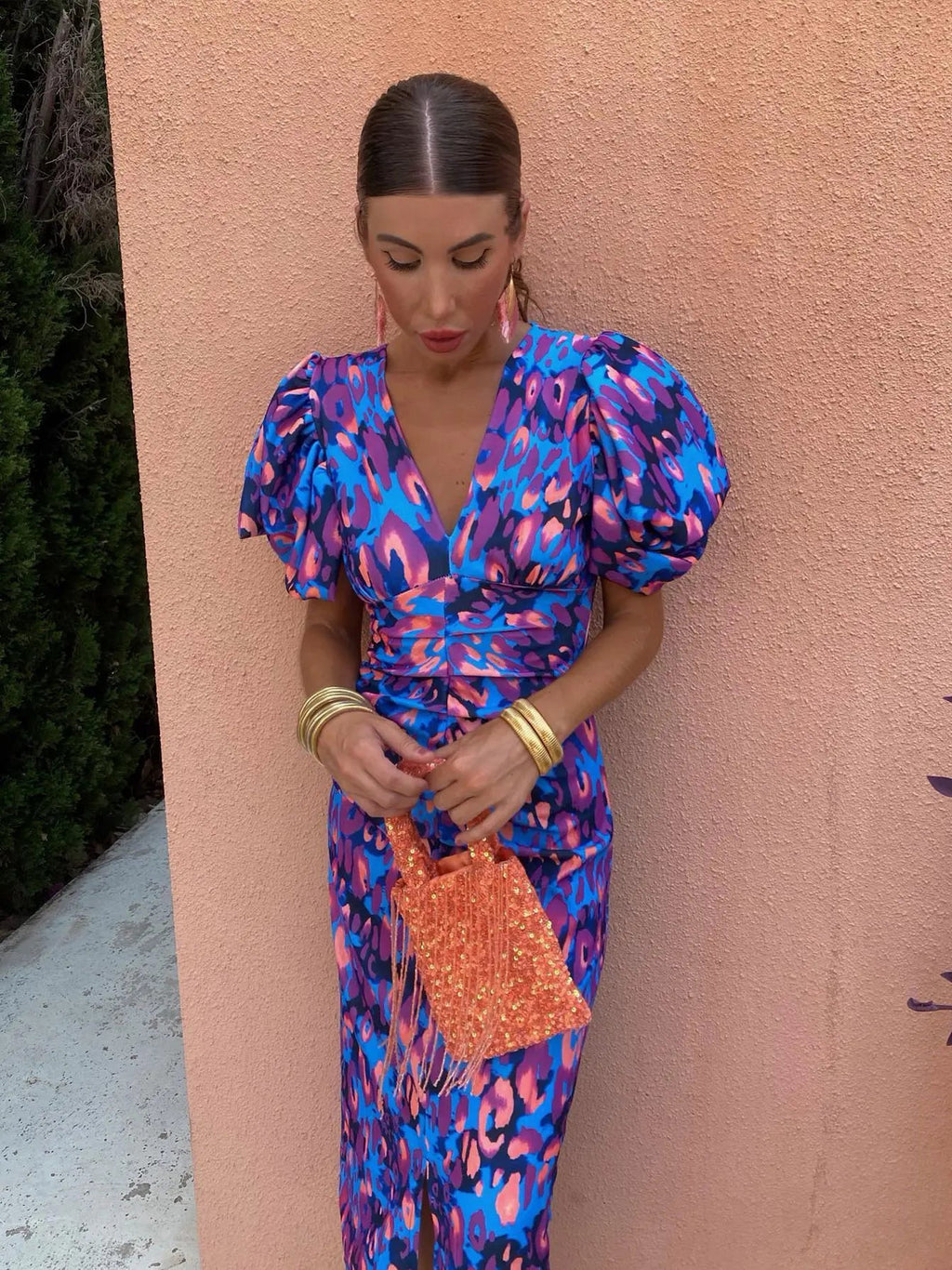 SUENTA Robe Midi Imprimée Puffärmel Eleganter Taillenschnitt
