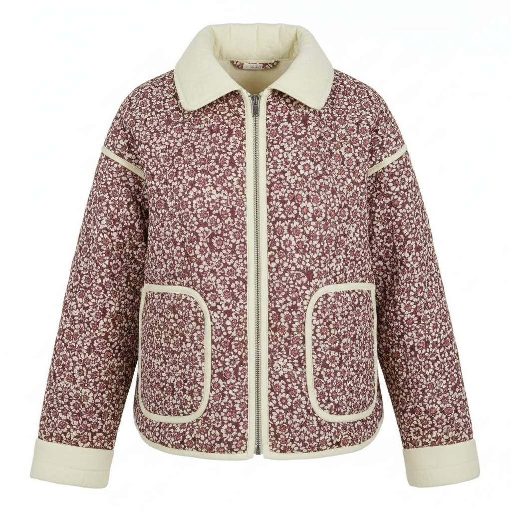 SUENTA Damen Stepp Übergangsjacke Mit Blumenmuster Kurz Kurze Stepp-Eleganz