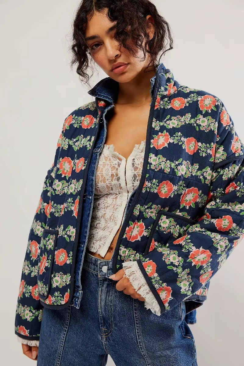 SUENTA Damen Stepp Übergangsjacke Mit Blumenmuster Kurz Kurze Stepp-Eleganz Blau