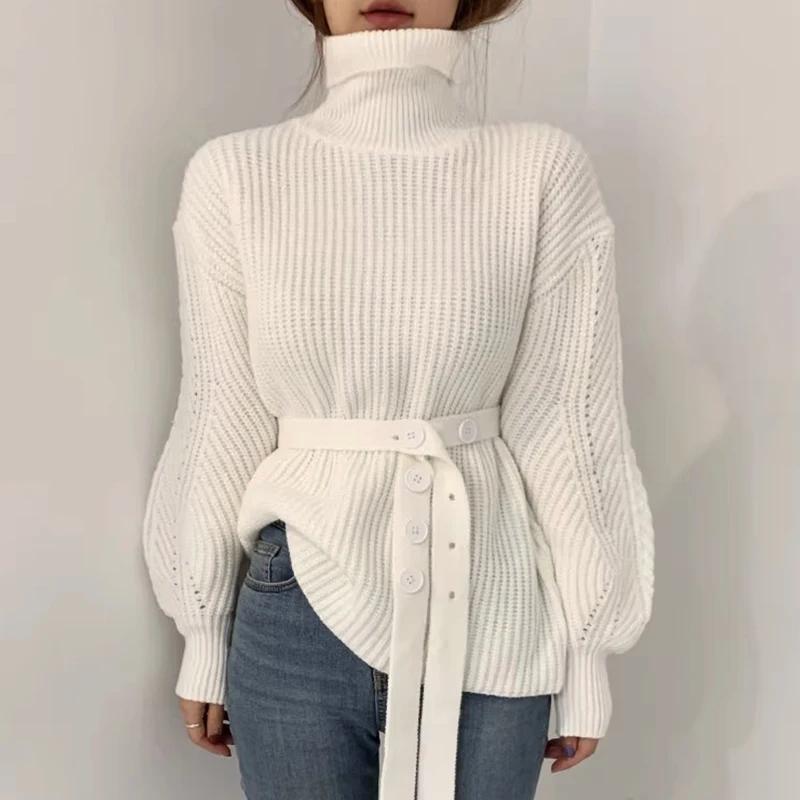 SUENTA Lyvanta Damen-Strickpullover – Hoher Kragen & Elegante Puffärmel Weiß