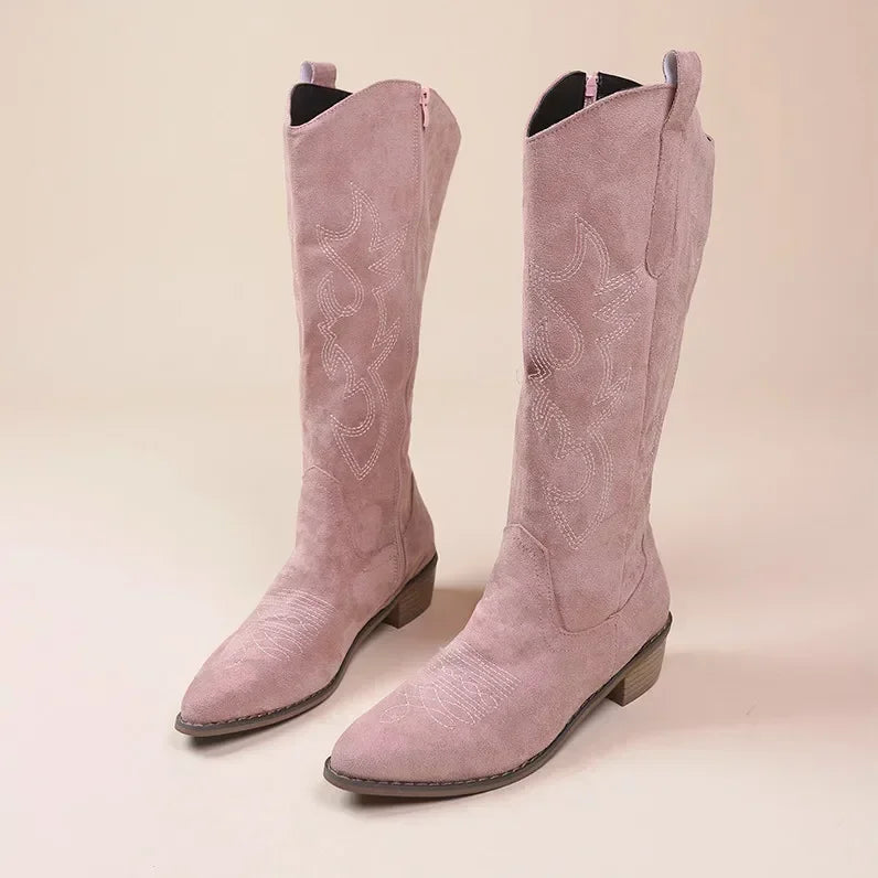 SUENTA Damen Cowboy Boots Wildleder Stickerei Blockabsatz Lässig Pink