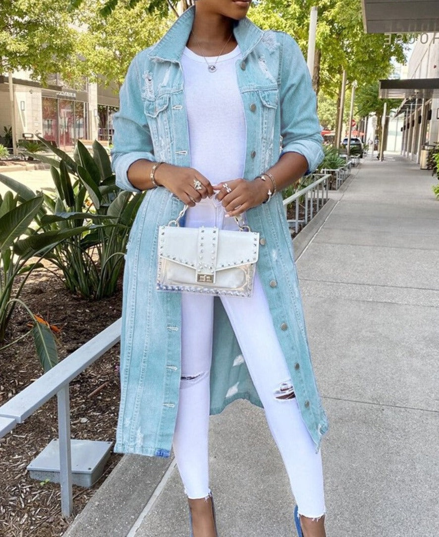 SUENTA Passion | Damen Denimjacke – Elegante Lange Passform, Klassische Knopfleiste & Praktische Taschen türkis