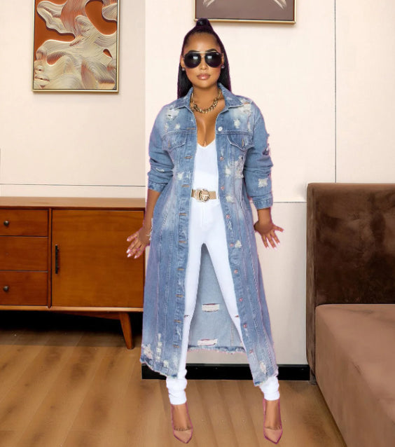 SUENTA Passion | Damen Denimjacke – Elegante Lange Passform, Klassische Knopfleiste & Praktische Taschen hellblau