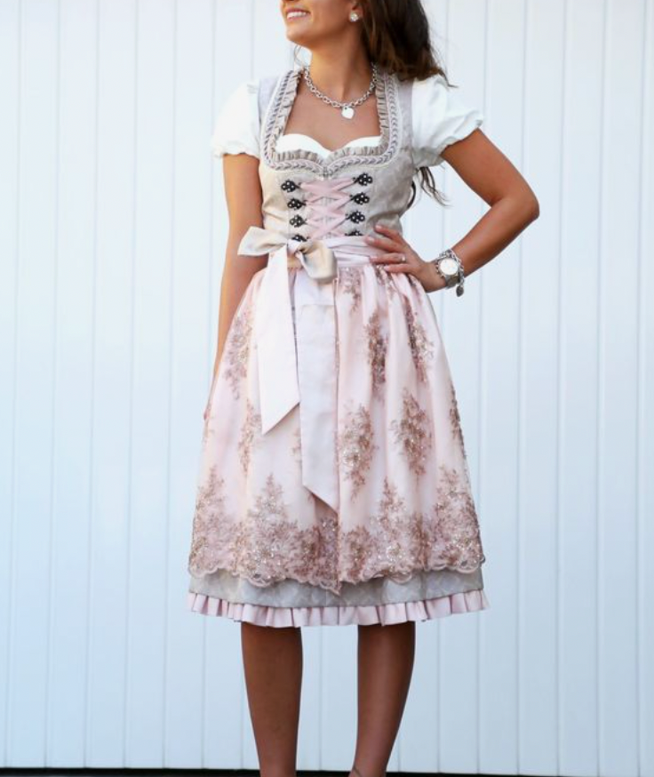 SUENTA Traditionelles Damen Dirndl-Set mit Schürze und Bluse Hellgrau-Rosa
