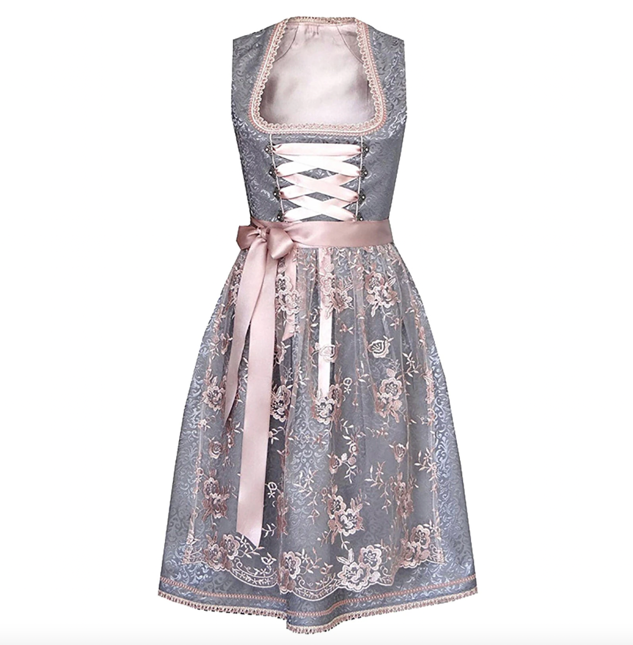 SUENTA Damen Tracht – Festliches Dirndl in Türkis und Rosa mit Schürze und Bluse Grau-Rosé
