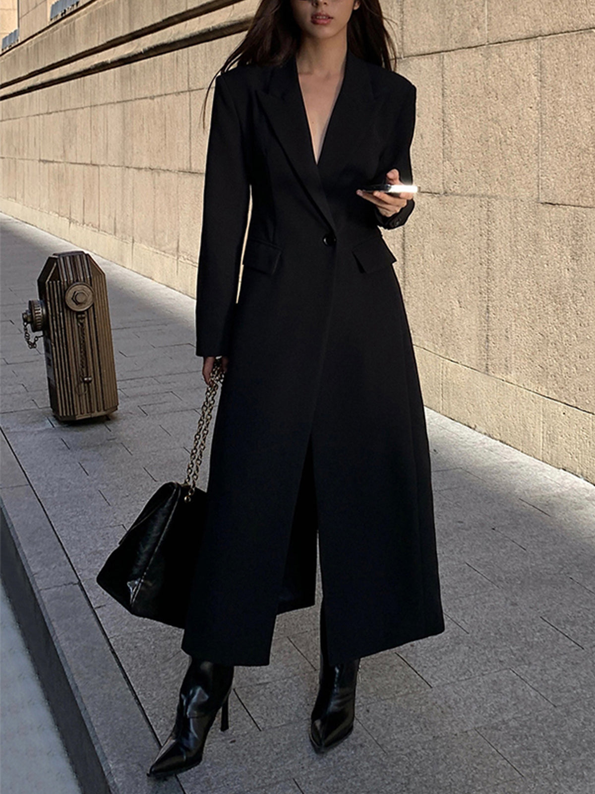 SUENTA Pamelo | Damen Tailliertes Blazer-Kleid – Klassisches Schwarz & Elegante Maxi-Länge