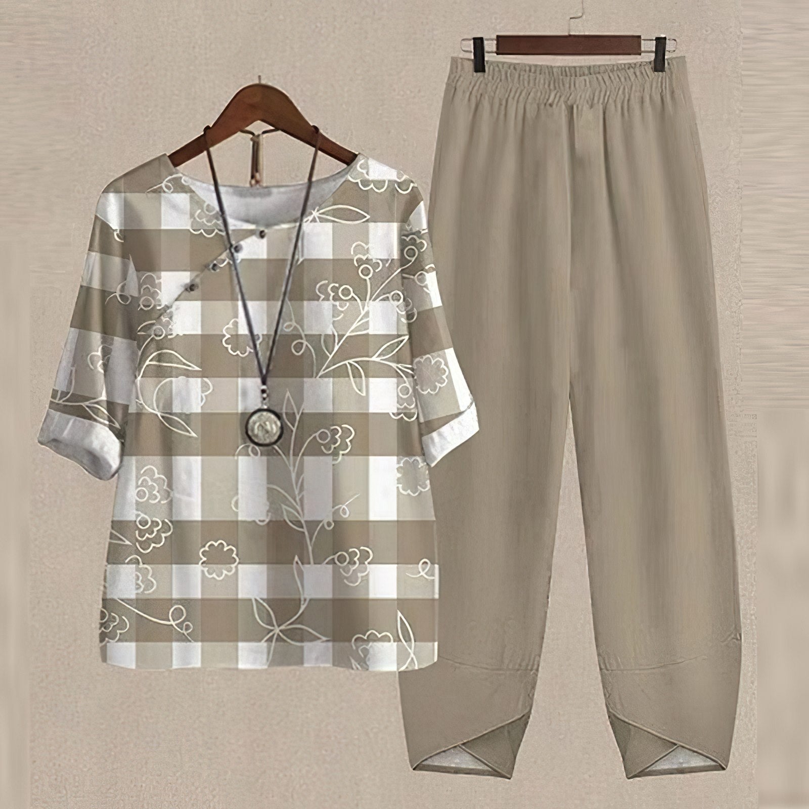 SUENTA Damen Sommer Zweiteiler – Helles Elegantes 2-teiliges Sommer Set Khaki