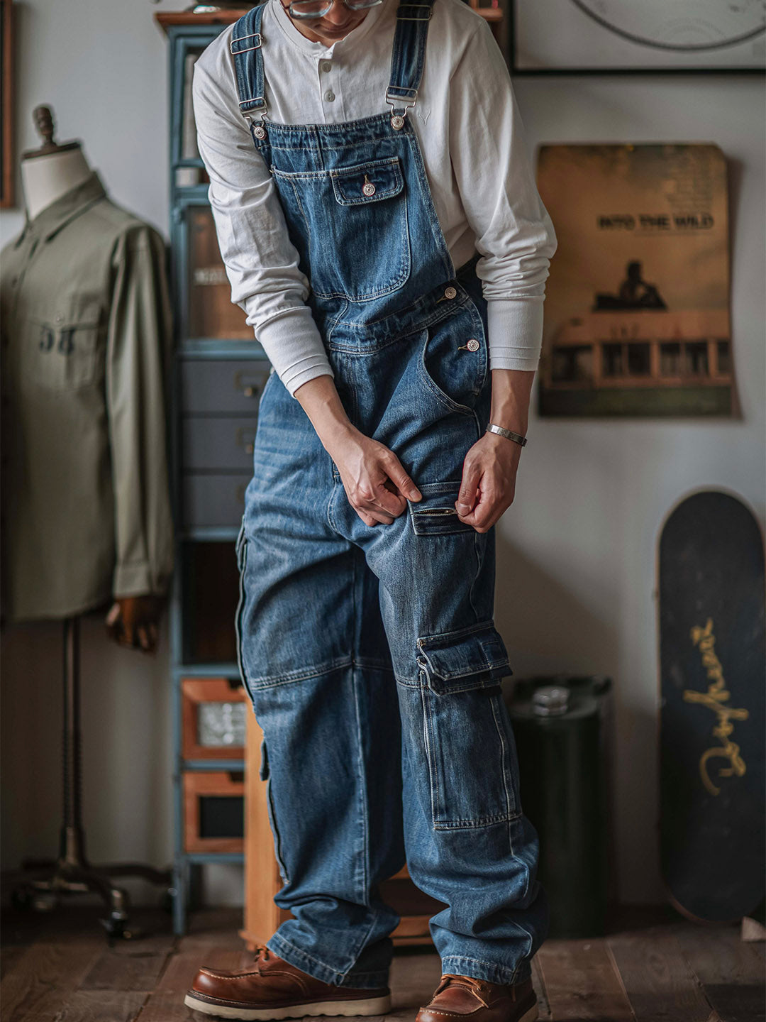 SUENTA Herren Denim Latzhose mit doppelten Klapptaschen Weit - Overall