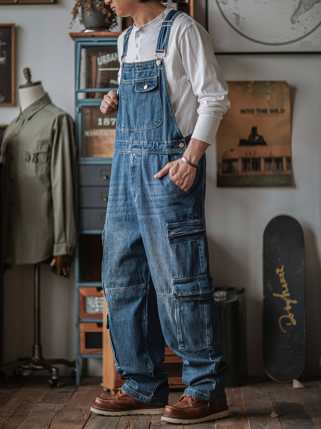 SUENTA Herren Denim Latzhose mit doppelten Klapptaschen Weit - Overall