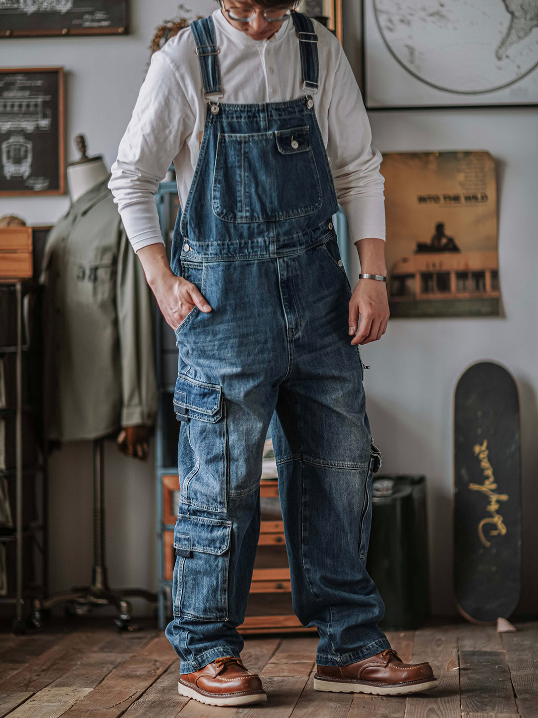 SUENTA Herren Denim Latzhose mit doppelten Klapptaschen Weit - Overall