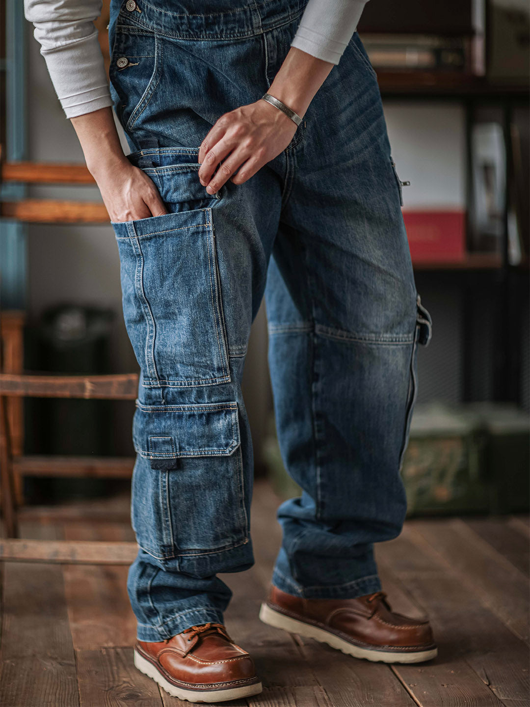SUENTA Herren Denim Latzhose mit doppelten Klapptaschen Weit - Overall