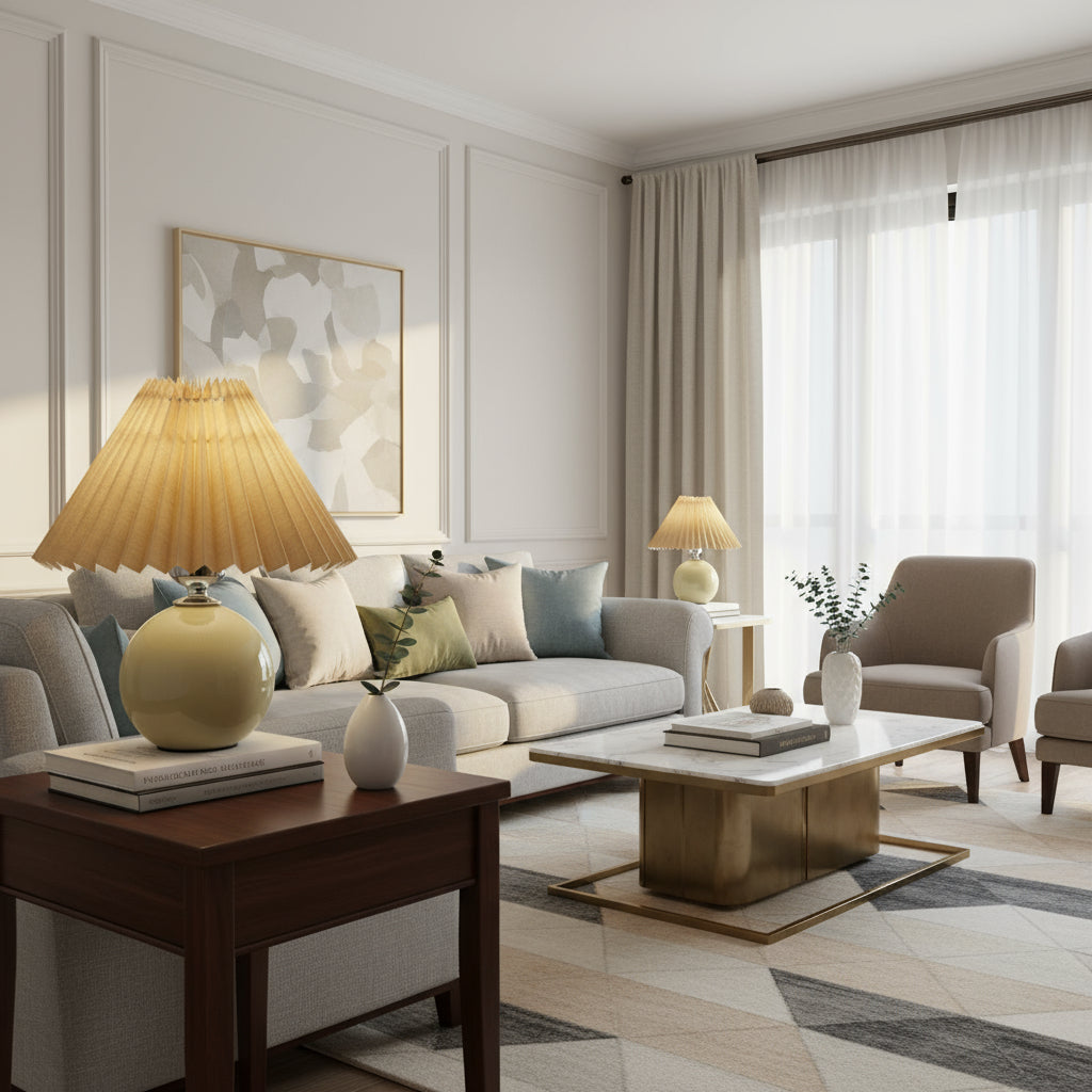 SUENTA Tischlampe Keramik Minimalistisch Plissierter Schirm Beige Druckschalter