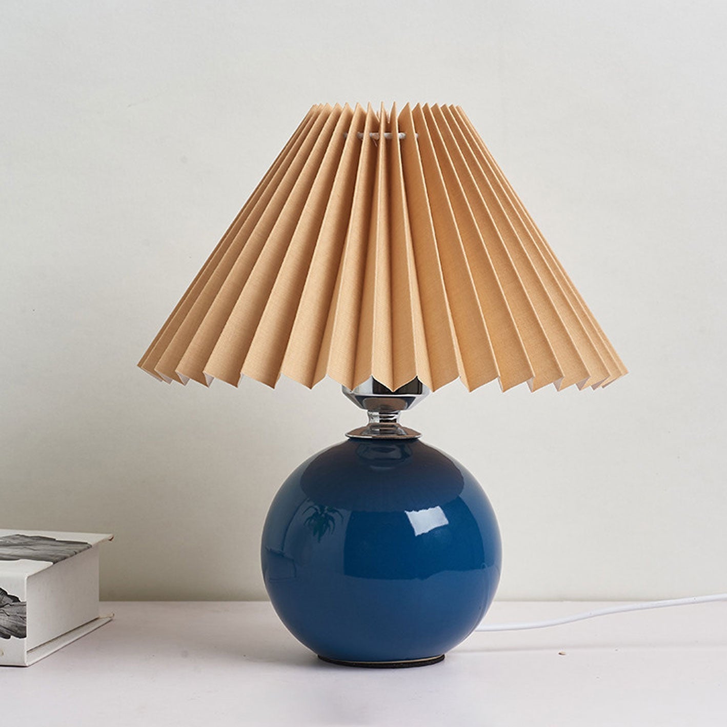 SUENTA Tischlampe Keramik Minimalistisch Plissierter Schirm Blau Braun Druckschalter