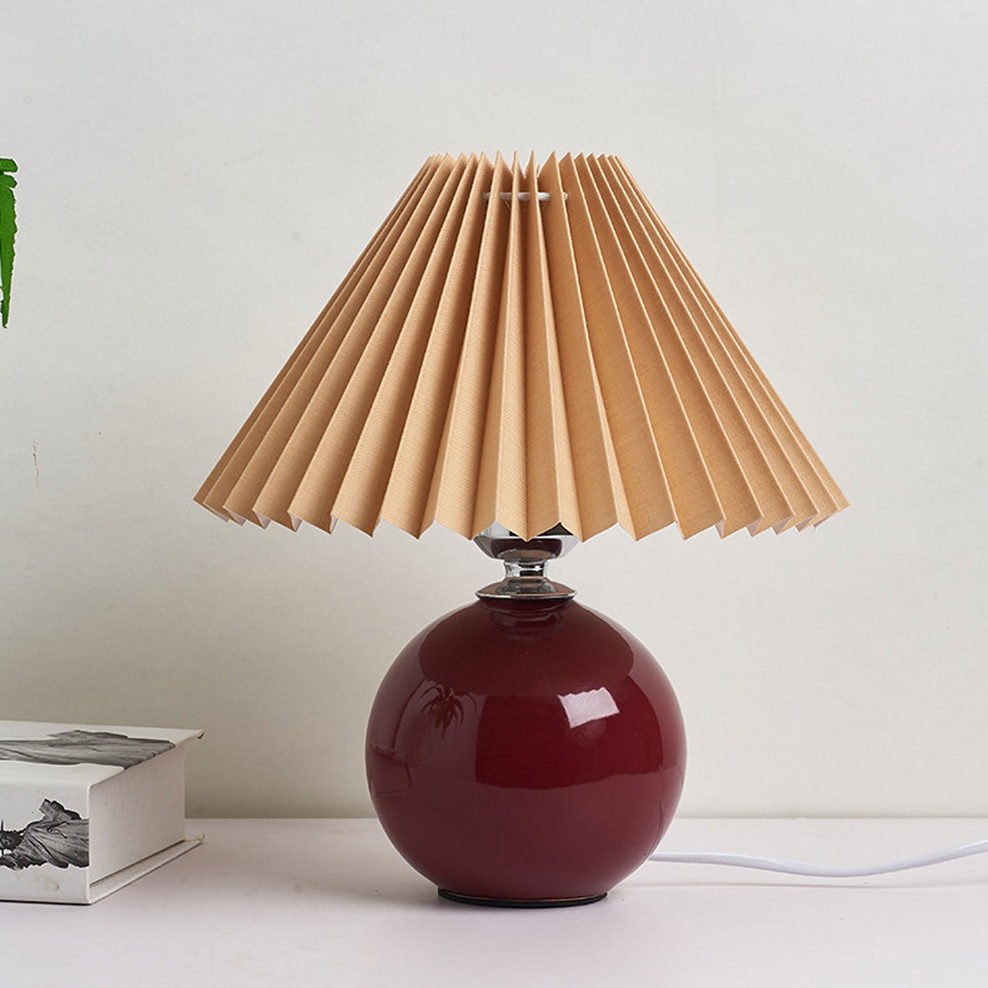 SUENTA Tischlampe Keramik Minimalistisch Plissierter Schirm Burgunder Braun Druckschalter