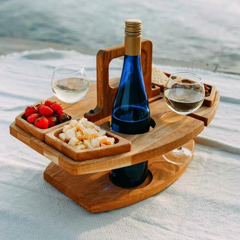 SUENTA Tragbarer Holz-Picknick-Weintisch Naturholz Kompakt Leicht Für Wein Und Snacks Default