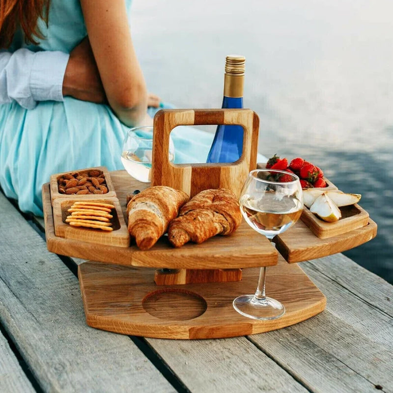 SUENTA Tragbarer Holz-Picknick-Weintisch Naturholz Kompakt Leicht Für Wein Und Snacks