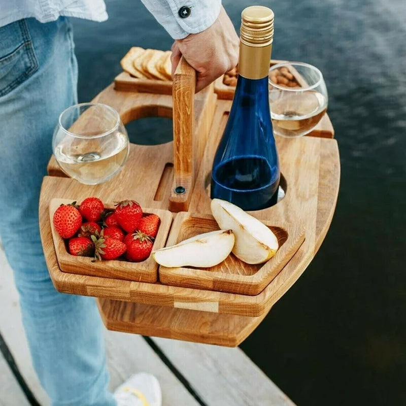 SUENTA Tragbarer Holz-Picknick-Weintisch Naturholz Kompakt Leicht Für Wein Und Snacks