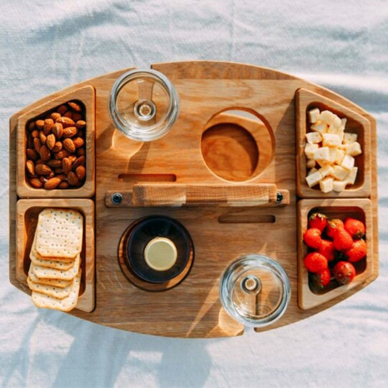 SUENTA Tragbarer Holz-Picknick-Weintisch Naturholz Kompakt Leicht Für Wein Und Snacks
