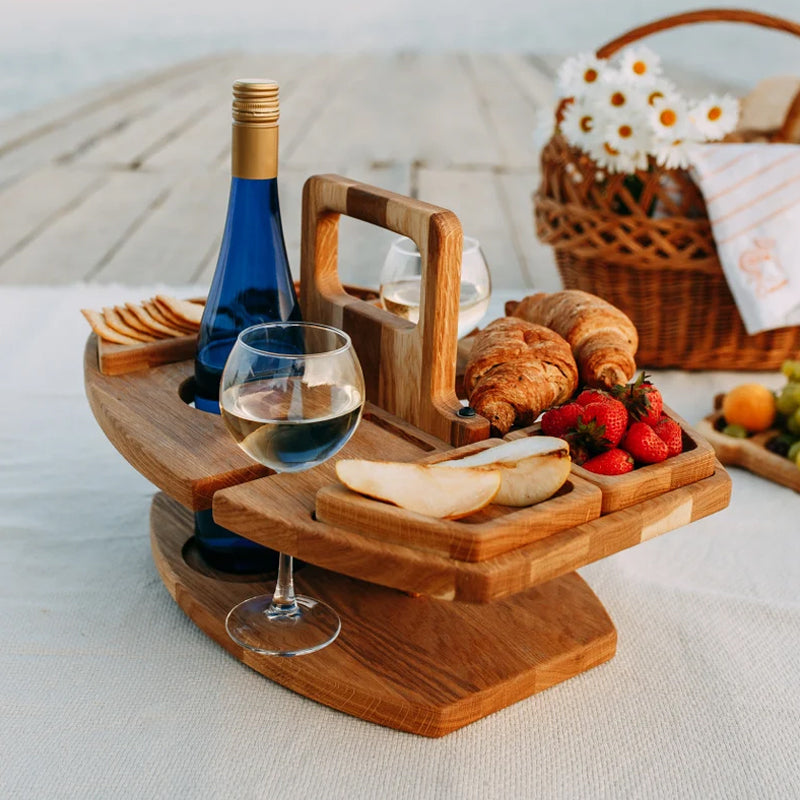 SUENTA Tragbarer Holz-Picknick-Weintisch Naturholz Kompakt Leicht Für Wein Und Snacks