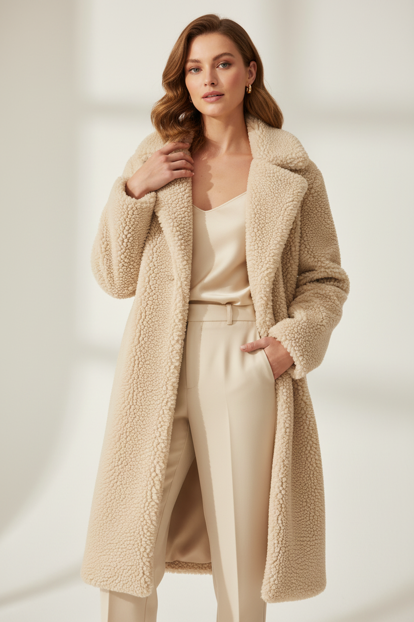 SUENTA Damen Teddy-Mantel Langen Teddyfleece-Mantel Warmer Trendiger