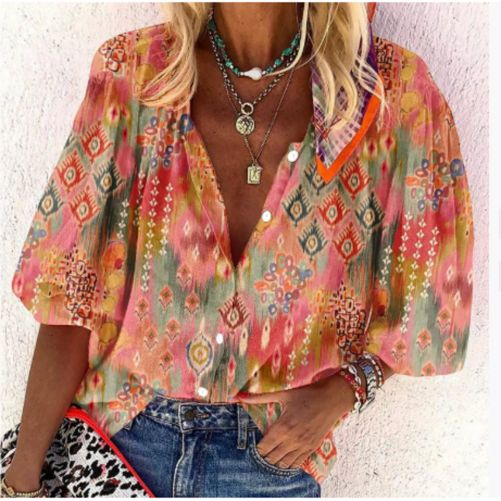 SUENTA Manda | Damen Bluse – Tyriana-Print, V-Ausschnitt & Kurze Ärmel Orange