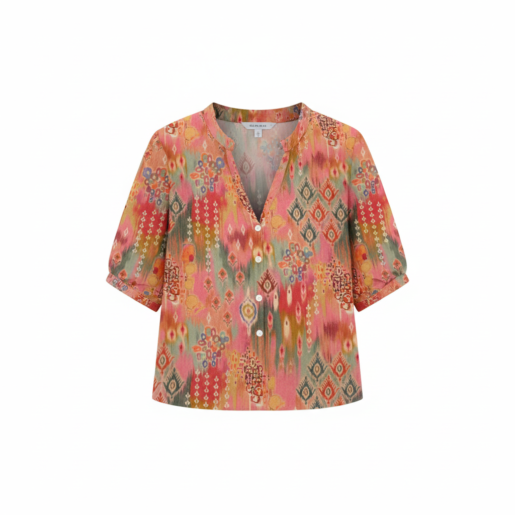 SUENTA Manda | Damen Bluse – Tyriana-Print, V-Ausschnitt & Kurze Ärmel